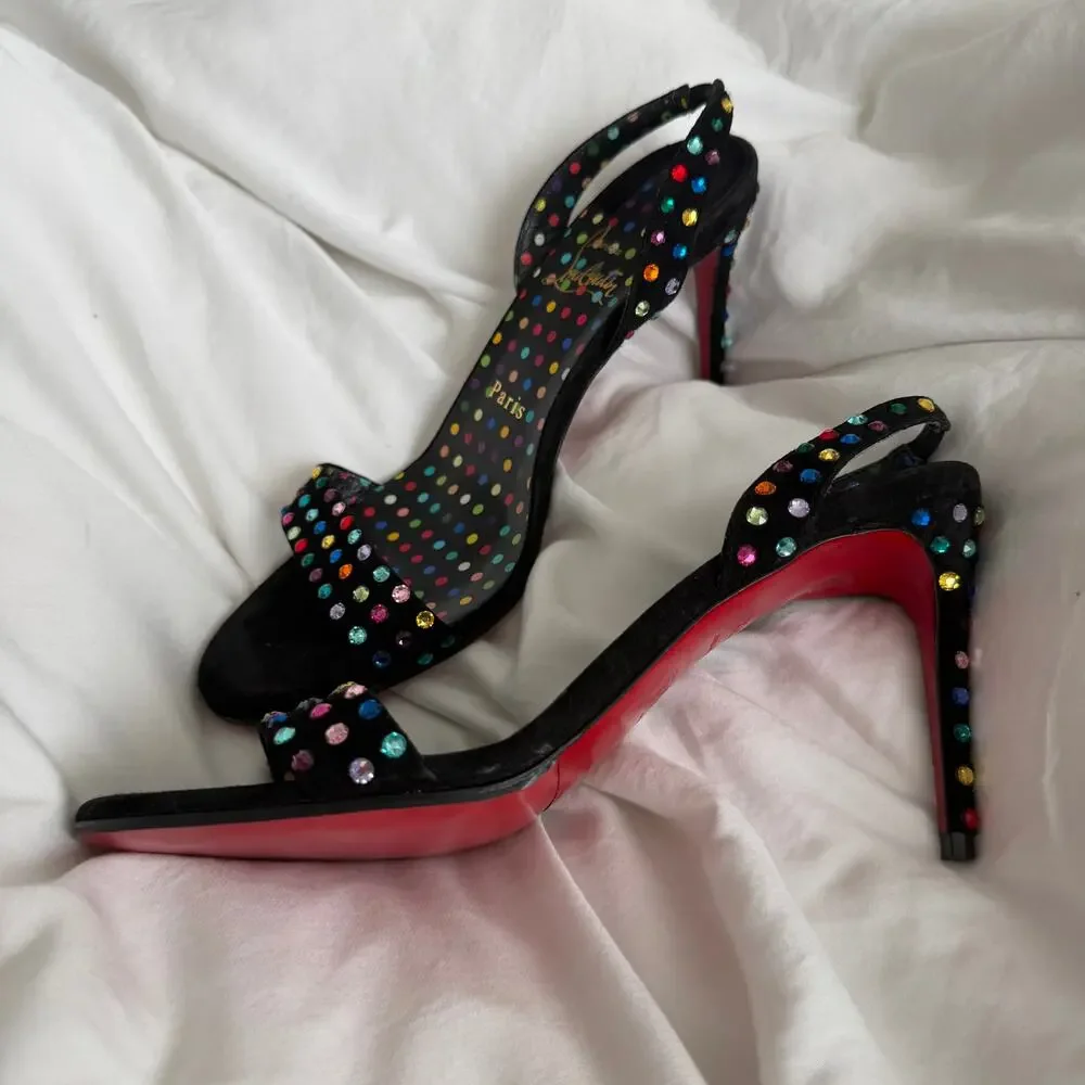 Christian Louboutin O Marylin 100 Black Polka Slingback Sandal Heel Pump 37.5